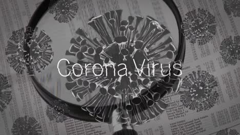 Animation-Des-Wortes-Coronavirus-Und-Sich-Ausbreitende-Zellen-Mit-Spesenabrechnungen-Im-Hintergrund