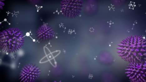Animation-Von-Molekülen-Und-Chemischen-Elementen-Mit-Makro-Covid19-Zellen,-Die-Auf-Blauem-Hintergrund-Schweben