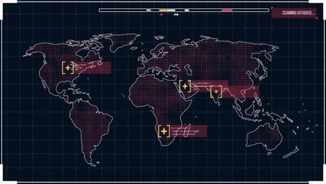 Animación-Del-Mapa-Mundial-En-Rojo-En-Una-Pantalla-Con-Iconos-Apareciendo