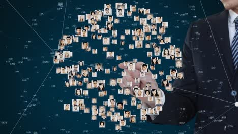 Animation-of-a-globe-with-people-pictures-spinning-over-a-Caucasian-man-touching-it