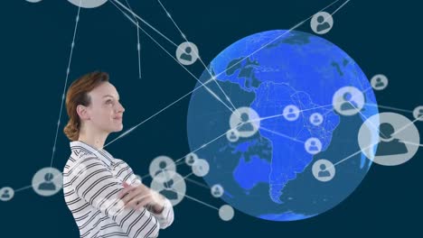 Animation-of-a-Caucasian-woman-rubbing-hands-over-a-globe-and-a-web-of-connections-with-social-icons
