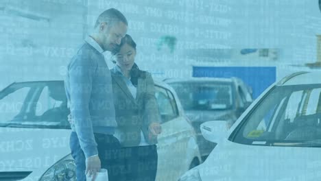 Animation-of-data-processing-over-Caucasian-couple-standing-by-a-car