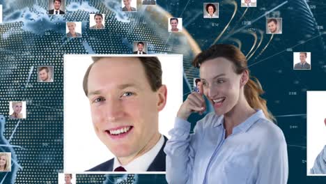 Animation-of-a-Caucasian-woman-pretending-to-be-talking-on-a-phone-over-a-globe-with-people-pictures