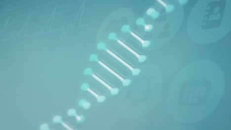 Animation-of-DNA-strain-spinning-with-social-icons-floating-on-blue-background