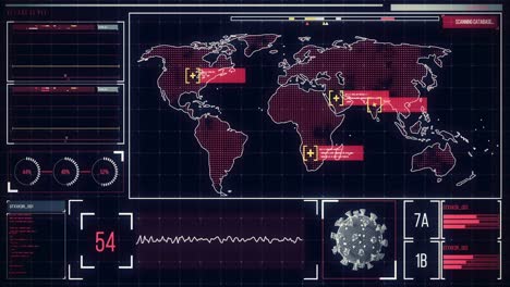 Animation-of-the-world-map-on-a-screen-with-icons-popping,-macro-coronavirus-Covid-19-cell-analyzed