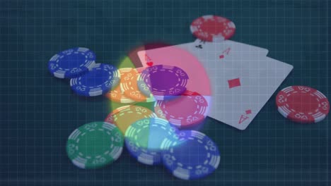 Animation-Von-Casino-Chips,-Die-Auf-Spielkarten-über-Einer-Weltkarte-Fallen
