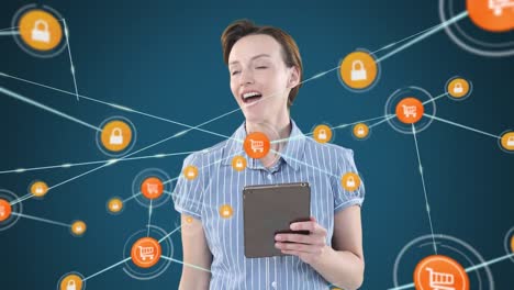 Animation-of-a-Caucasian-woman-using-a-3D-interactive-tablet-over-a-network-of-connections-with-oran