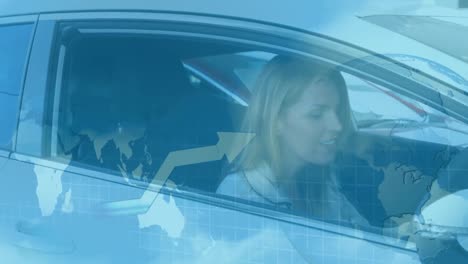 Animation-of-clouds-floating-with-world-map-rolling-over-Caucasian-woman-sitting-in-a-car