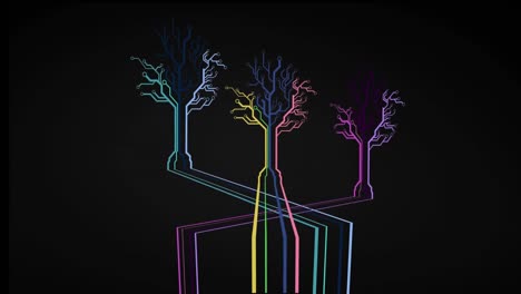 Animation-of-three-trees-made-of-colourful,-neon-lights-on-black-background.