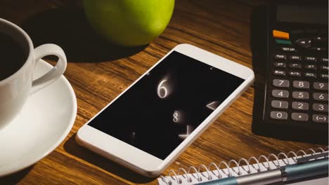Animation-of-a-smartphone-showing-floating-shining-numbers-on-the-screen