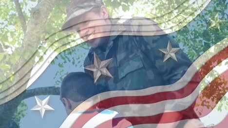 Animación-De-Una-Bandera-Estadounidense-Sobre-Un-Hombre-Caucásico-Con-Uniforme-Militar-Saludando-A-Su-Hijo.