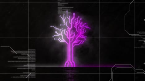 Animation-Eines-Baumes-Aus-Neonfarbenen,-Violetten-Linien-über-Der-Datenverarbeitung
