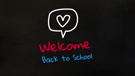 Animation-of-heart-in-a-speech-bubble-with-words-Welcome-Back-to-School-on-black-background-digita