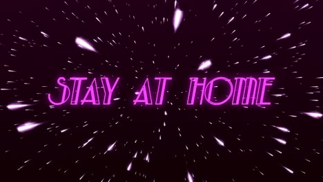 Animation-Von-Wörtern-„Bleib-Zu-Hause“,-Geschrieben-In-Violetten-Neonbuchstaben-über-Schwebenden-Glänzenden-Punkten