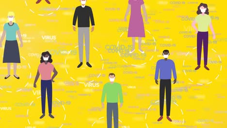 Animation-of-people-with-white-circles-around-them-over-words-Covid-19-floating-on-yellow