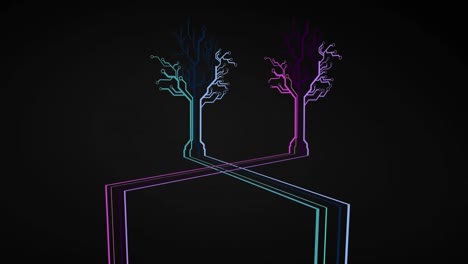 Animation-of-two-trees-made-of-neon,-colourful-lines-on-black-background.-