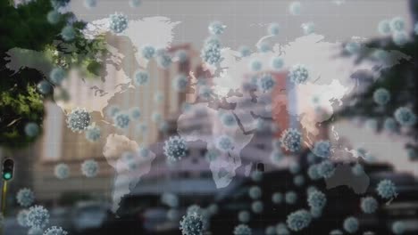 Animation-Von-Coronavirus-Covid19-Zellen-über-Weltkarte-Und-Stadt-Im-Hintergrund