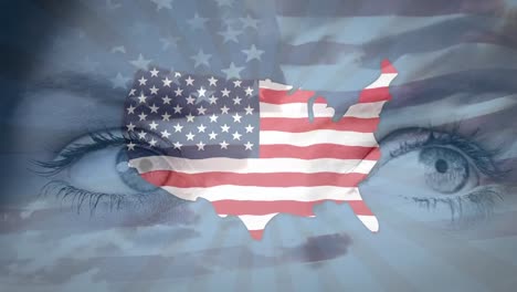 Animation-of-an-U.S.-map-with-an-U.S.-flag-over-Caucasian-woman-eyes-and-U.S.-flag-waving.