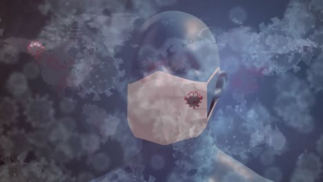 Animation-Von-Makro-Covid-19-Zellen,-Die-Mit-Einem-3D-Modell-Des-Menschlichen-Kopfes-über-Der-Weltkarte-Schweben