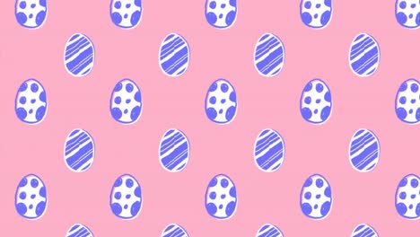 Animation-of-patterned-Easter-eggs-moving-in-rows-on-pink,-background