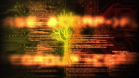 Animation-of-a-tree-made-of-neon,-orange-and-yellow-lines-over-data-processing.-