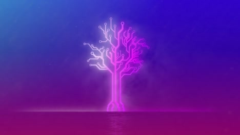 Animation-of-a-tree-made-of-pink,-neon-lines-on-blue-background.-