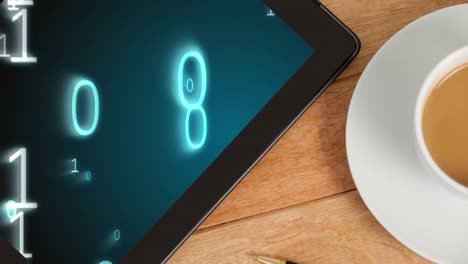 Animation-of-a-digital-tablet-showing-floating-shining-numbers-on-the-screen