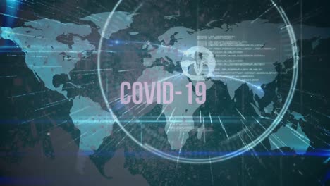 Animation-of-word-Covid-19-flashing-over-a-world-map-with-a-web-of-connection-between-people-on-di