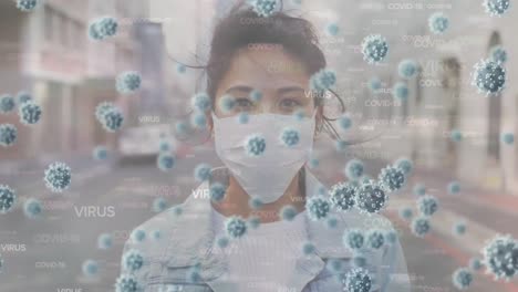 Animation-of-macro-Covid-19-cells-and-words-Virus-floating-over-Asian-woman-wearing-a-mask-outside-