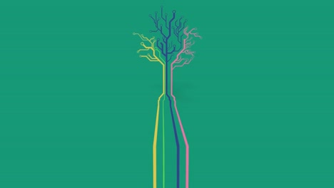 Animation-of-a-tree-made-of-neon,-yellow,-blue-and-pink-lines-on-green-background.-