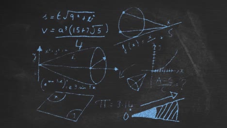 Animation-of-mathematical-formulae-written-in-blue-moving-on-black-chalkboard-background