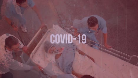 Animation-Des-Wortes-„Covid-19“,-Das-über-Ärzten-Blinkt,-Die-Mit-Einem-Patienten-Gehen,-Der-Auf-Dem-Krankenhausbett-Liegt