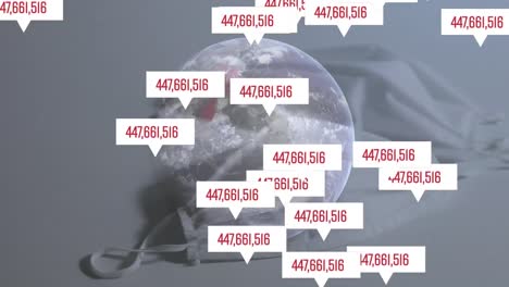 Animation-of-a-globe-over-bubble-speeches-with-numbers-over-face-masks