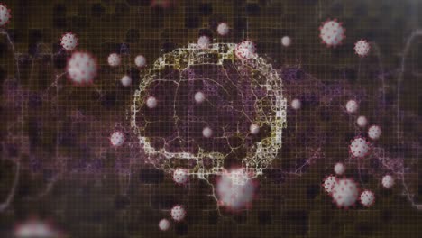 Animation-Von-Makro-Coronavirus-Covid-19-Zellen,-Die-Sich-über-Ein-Sich-Drehendes-Gehirn-Ausbreiten