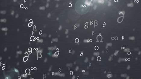 Animation-of-mathematical-symbols-moving-and-flickering-on-black-background