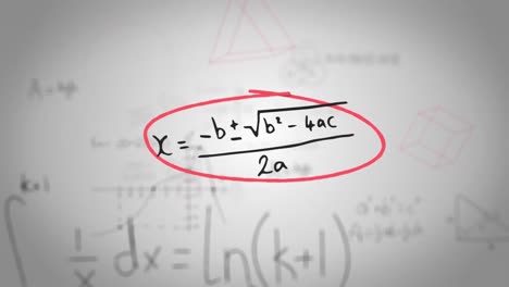Animation-of-handwritten-mathematical-formulae-in-red-hand-drawn-frames-moving-on-white-background