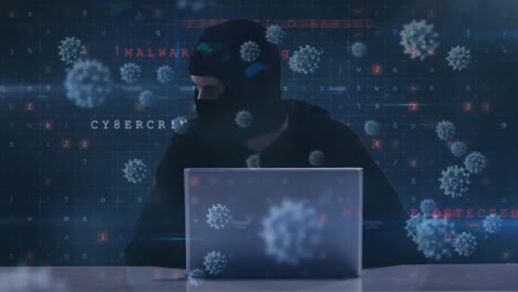 Animation-of-a-hacker-hooded-man-in-a-data-room-over-a-macro-coronavirus-COVID-19-cells-floating