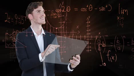 Caucasian-business-man-touching-a-screen-with-mathematics-formulae-on-chalkboard-