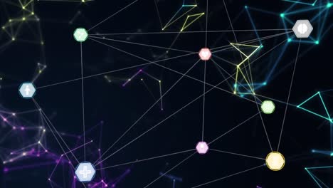 Animation-of-network-of-connections-with-digital-icons-floating-over-geometric-figures-
