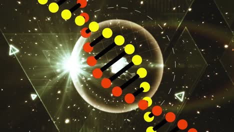 Animation-Einer-Leuchtenden-Kugel-über-Dreiecken-Und-Farbiger-DNA