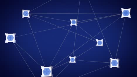 Animation-Eines-Netzwerks-Von-Verbindungen-Mit-Digitalen-Symbolen,-Die-Auf-Blauem-Hintergrund-Schweben
