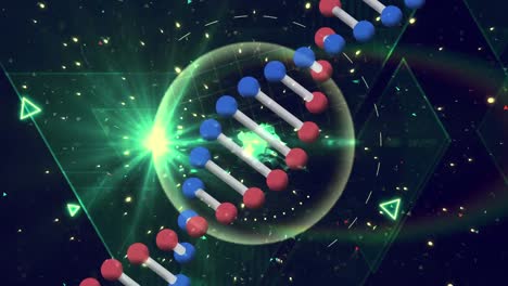 Digitale-Komposition-Aus-Grünen-Dreiecken-Und-DNA-Stamm-Auf-Schwarzem-Hintergrund
