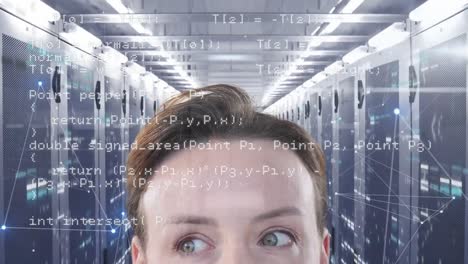 Animation-of-forehead-of-Caucasian-woman-with-processing-servers-in-background