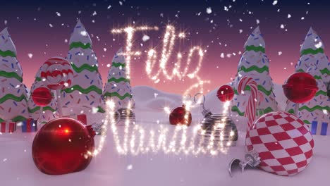 Animation-Von-Feliz-Navidad,-Geschrieben-In-Glänzenden-Buchstaben-Auf-Einer-Verschneiten-Landschaft-Mit-Weihnachtskugeln