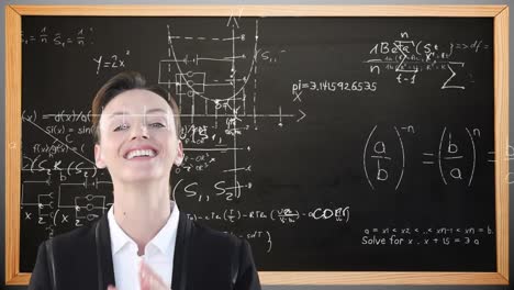 Animation-of-Caucasian-woman,-standing-in-front-of-a-chalkboard-with-floating-mathematics-formulae