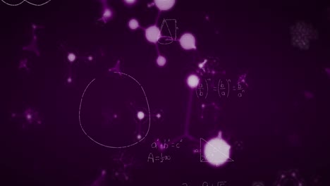 Animation-Chemischer-Formen-Und-Mathematischer-Formeln,-Die-Sich-Auf-Violettem-Hintergrund-Bewegen