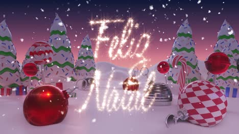 Animation-of-Feliz-Natal-written-in-shiny-letter-on-snowy-landscape-with-Christmas-balls