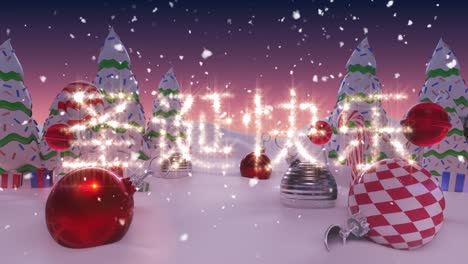 Animation-of-Chinese-Christmas-Greeting-written-in-shiny-letter-on-snowy-landscape-with-Christmas-ba