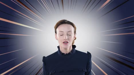 Animation-of-an-angry-Caucasian-woman-shouting-at-camera-with-a-flashing-background