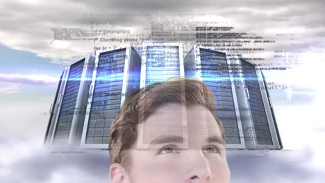 Animation-of-thoughtful-Caucasian-man-looking-at-floating-data-with-processing-servers-in-background